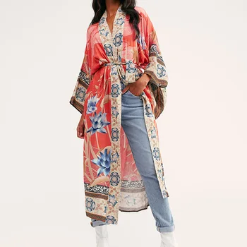2021 Ženy Nadrozmerná Pláži Zakryť Kimono Ročník Tlače Kvetinový Dovolenku Bikini Výlet Boho Voľné Dlhý Sveter Orange Kabát Tunika