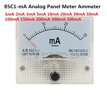 85C1-mA DC Biela Plastová Škrupina Analógový Panel AMP Meter Ammeter 1mA 2mA 3mA 5mA 10mA 20mA 30mA 50mA 100mA
