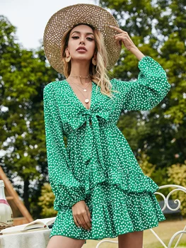 2021 Jar Jeseň Ženy Mini Prehrabať Šaty, Sexy Kvetinová Pláži Luk Tričko Lístkového Rukáv Dámske Vysoký Pás Boho Strany Vestido Zelená