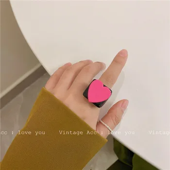 AOMU kórejský Retro Farebné Geometrické Láska Krúžok Matte Black White Nepravidelný Geometrické Námestie Prst Prstene pre Ženy, Dievčatá, Šperky