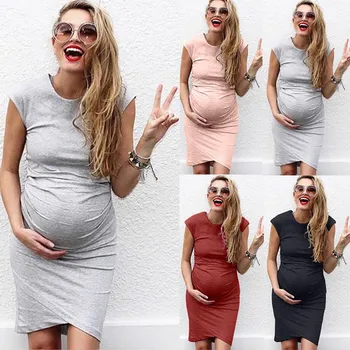 Letné Materskej Oblečenie Pregnants Ženy Móda Jednofarebné Bez Rukávov Pregnat Pohodlné Midi Dresse Zwangerschaps Kleding
