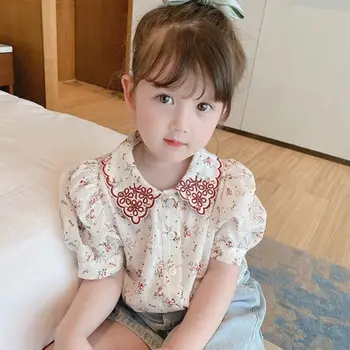 Detské oblečenie dievčatá retro bavlnené tričko detské letné kvetinové západného štýlu baby-krátke rukávy tričko detské tričko P4576