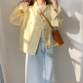 Móda Žltá Denim Jacket Ženy Kórejský Voľné Jean Bundy Žena 2021 Jar Jeseň Nové Dlho Puzdre Coats Trend