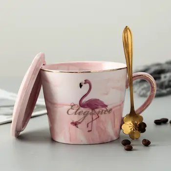 330ml Mramorované Flamingo Keramický Hrnček Kávy S Keramickou Veko Lyžice Domov Breakfast Tea Cup Jednoduché, Veľkú Kapacitu Office Kávový Hrnček