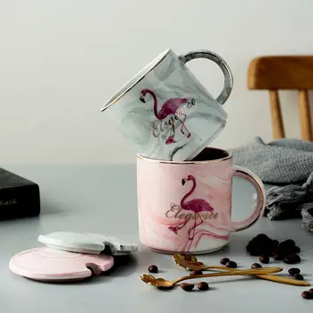 330ml Mramorované Flamingo Keramický Hrnček Kávy S Keramickou Veko Lyžice Domov Breakfast Tea Cup Jednoduché, Veľkú Kapacitu Office Kávový Hrnček