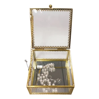 Vyšperkovaný Gold Brass Vintage Sklo Šperky Box Čipky Obrúbená - Námestie Geometrické Šperky Zobraziť Organizátor Drahocenná Pamiatka Box Prípade Domov