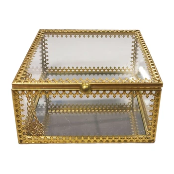 Vyšperkovaný Gold Brass Vintage Sklo Šperky Box Čipky Obrúbená - Námestie Geometrické Šperky Zobraziť Organizátor Drahocenná Pamiatka Box Prípade Domov