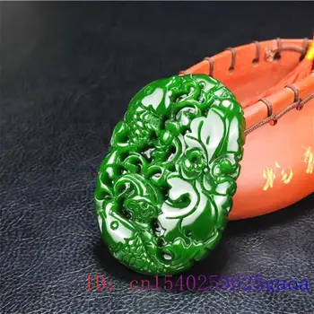 Green Jade Lotus Prívesok Kapor Vyrezávané Amulet Náhrdelník Prírodné Ryby Kúzlo Ženy Čínsky Šperky, Darčeky Módne obojstranné