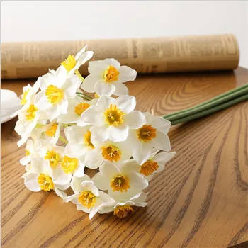 6 Simulácia Biele Narcisy Falošné Kvety 3D Tlač Hodvábnej látky Holding Svadobný Stôl Jeseň Pastoračnej Domáce Dekorácie Žltá