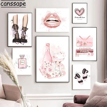 Sexy Dievča Wall Art Plagáty Módny Plagát Vysoké Podpätky Maľovanie Parfum Fľašu Tlač Pivónia Obrázky Ružová Estetické Miestnosti Dekorácie