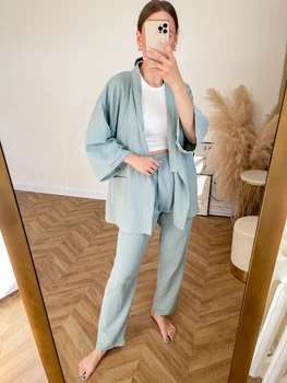 NHKDSASA Kimono Pyžamo tvaru Bavlna, Krep Pijamas Ženy 2 Dielna Sada dvojitou Vrstvou Gázy Sleepwear Spánku Topy Mužov oblečenie pre voľný čas Mujer