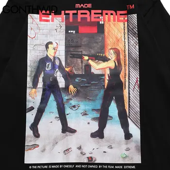 GONTHWID Príliš Dlhý Rukáv Tshirts Streetwear Gunfight Maľovanie Tlačiť T-Košele Mens Harajuku Bežné Bavlna Voľné Tričká Topy