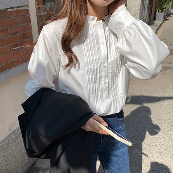 Kórejský biele tričko ženy sladké volánikmi blúzky ženy temperament all-zápas s dlhým rukávom, blúzky, voľné skladaný topy blusas mujer