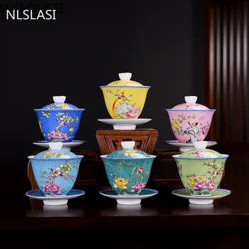 NLSLASI Jingdezhen keramiky Gaiwan Nádherné Smalt Farba Ručné Čaj Misy Ručne maľované kvet, vták Teaset 150ml Drinkware