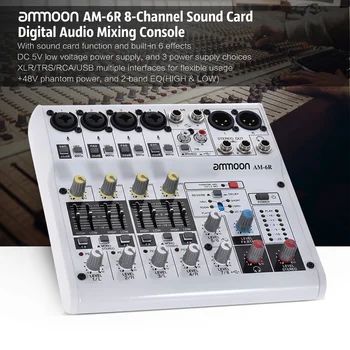 Ammoon AM-6R 8-Kanálové Digitálne Audio Mixer Mixing Console Vstavané 48V Phantom Power Podporu Napájaný 5V Banka s Adaptérom USB