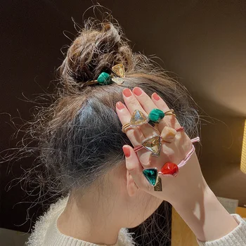 Kórejský Jednoduché Vlasy Lano Trojuholník Geometrie Mramoru Elastické Vlasy Pásma Pre Ženy Copu Držiteľ Crystal Vlasy Príslušenstvo