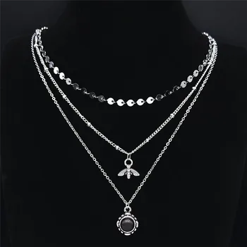 3ks Čierny Kameň z Nehrdzavejúcej Ocele Gotický Náhrdelníky Ženy Vrstvený Kúzlo Šperky, Náhrdelníky collier acier inoxydable NXS02