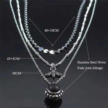 3ks Čierny Kameň z Nehrdzavejúcej Ocele Gotický Náhrdelníky Ženy Vrstvený Kúzlo Šperky, Náhrdelníky collier acier inoxydable NXS02