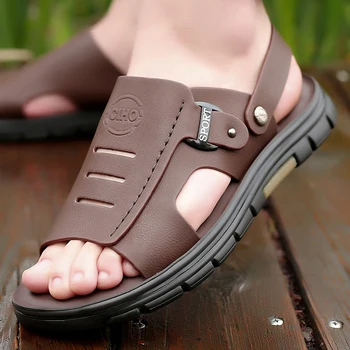 Pánske Kožené Sandále 2021 Lete Nové Ležérne Módne Dvojakým použitím Soft-Soled Non-Sklzu v Strednom Veku Otec Pláže Topánky