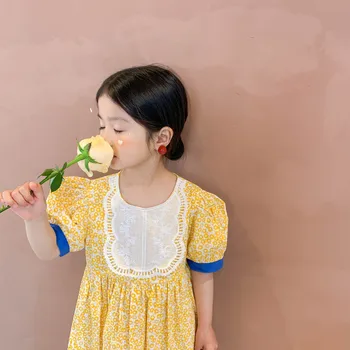 2021 Lete kórejský Nové detské Oblečenie Dievčenské Bavlnené Kvetinový Krátky Rukáv Princezná Šaty Deti Sukne
