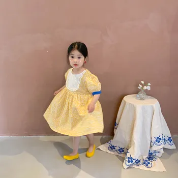 2021 Lete kórejský Nové detské Oblečenie Dievčenské Bavlnené Kvetinový Krátky Rukáv Princezná Šaty Deti Sukne