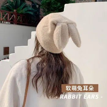 2021 módne roztomilý králik uši králik kožušiny klobúk ženy jeseň a v zime, pletené vlny klobúk zime teplé kórejská verzia Japonskej klobúk