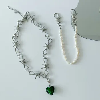 MWSONYA Módy Zelené Láska Srdce Crystal Náhrdelník Prívesok pre Ženy Pearl Reťazca Strapec Temperament Náhrdelník Strany Šperky Darček