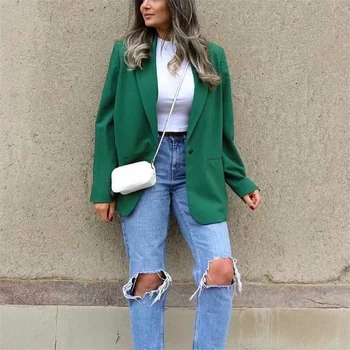 Žena Vintage Voľné Zelené Sako Kabát 2021 Jar Bežné Ženské Pevné Streetwear Outwear Dámy Módne Sako Nadrozmerné