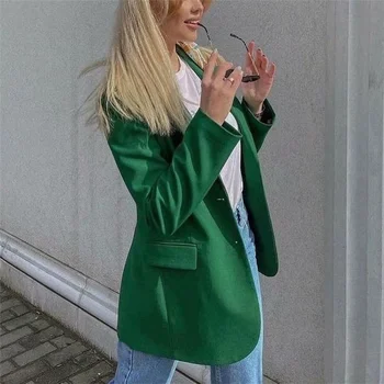 Žena Vintage Voľné Zelené Sako Kabát 2021 Jar Bežné Ženské Pevné Streetwear Outwear Dámy Módne Sako Nadrozmerné