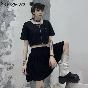 Hikigawa Oblečenie pre Ženy Krátke Gotický Plus Veľkosť Blusas Mujer De Lete Hip Hop Pevné Tričká kórejský Blúzky Námestie Golier Topy