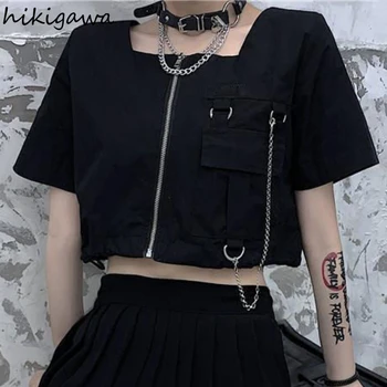 Hikigawa Oblečenie pre Ženy Krátke Gotický Plus Veľkosť Blusas Mujer De Lete Hip Hop Pevné Tričká kórejský Blúzky Námestie Golier Topy