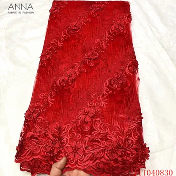 Anna červená 3d nášivka výšivky afriky čipky textílie 2021 francúzsky oka tylu s korálkami a kamene nigérijský tkaniny 5 metrov/ks