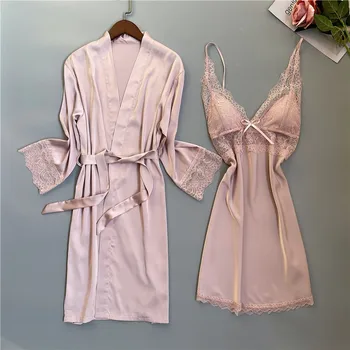 Biele Svadobné Šaty, Nastaviť Kimono Šaty Lady Sleepwear Jar Leto Odev Nightgown Sexy Saténová Čipka Domov Župane Spánku Nastaviť