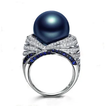 Vintage Blue Pearl Prstene Pre Ženy White&Blue CZ Kameň Vložkou Módne Šperky Elegantná Dáma Svadobné Party Darček Striebornom Krúžku