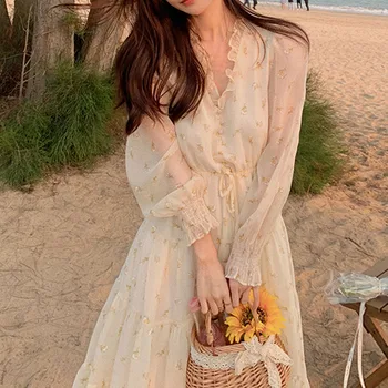 V-neck Elegantné Sladké Šaty Žien Dlhý Rukáv Šifón Kvetinové Šaty Strany Plážové Oblečenie pre Ženy, kórejský Štýl 2021 Lete Chic