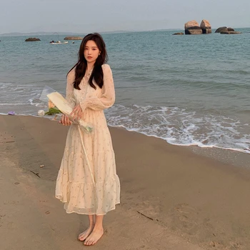 V-neck Elegantné Sladké Šaty Žien Dlhý Rukáv Šifón Kvetinové Šaty Strany Plážové Oblečenie pre Ženy, kórejský Štýl 2021 Lete Chic