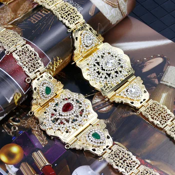 Sunspicems Zlatá Farba Crystal Maroko Pás pre Ženy Kaftane Páse Nastaviteľná Dĺžka Reťazca Arabských Alžírsko Svadobné Šperky Darček