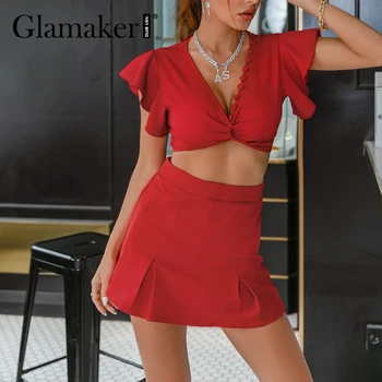 Glamaker Červená kus dvoch vyhovovali Volánikmi ženy móda plodín top a-line šortky Elegantné, sexy ročníka letnej playsuits 2021 nové