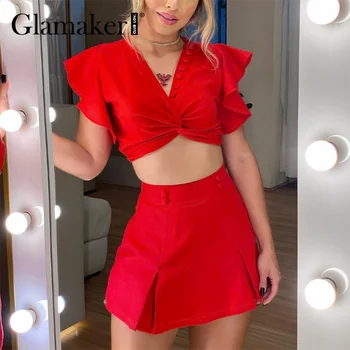 Glamaker Červená kus dvoch vyhovovali Volánikmi ženy móda plodín top a-line šortky Elegantné, sexy ročníka letnej playsuits 2021 nové