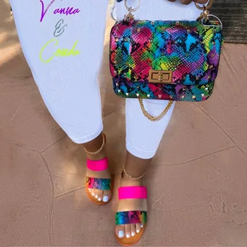 Dvojitý Popruh Otvorené Prst Letné Sandále Neon Hada Tlače Papuče A Kabelku Nastaviť Sandalias Mujer 2021 Claquette Femme Zapatos