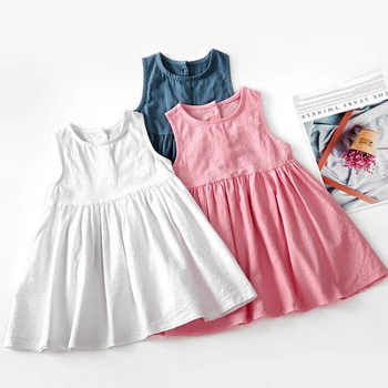 Kórejský Štýl Letné Detské Dievčenské Šaty Ležérne Módne Deti Bavlnená Posteľná Bielizeň Bez Rukávov Solid Farba Princess Party Šaty