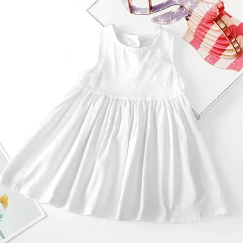 Kórejský Štýl Letné Detské Dievčenské Šaty Ležérne Módne Deti Bavlnená Posteľná Bielizeň Bez Rukávov Solid Farba Princess Party Šaty