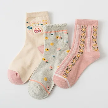 3 Páry/set dámske Ponožky Bavlna Roztomilý Výšivky Dizajn Darček Kvalitné Lolita Kawaii Dievča Členok golier Posádky Volánikmi Ponožka Nastaviť