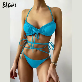 BLG 3 Kusy Bikini Set Plavky Bandeau Plavky, plavky Žena 2021 Remeň Micro String Bikini Brazílske Bikini Trikini