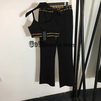 Luxusný Dizajn 21 high-end Dva Kusy Sada pre Ženy black Vyšívané podväzkové vesta Elastický pás vysoký pás Širokú Nohu, Nohavice 2PC