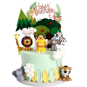 Lesné Zvieratá Cake Decor Mäkká Hlina Lev, Slon, Tiger Deer One 1. Narodeniny Tortu Vňaťou Happy Birthday Party Dekor Deti Chlapcov