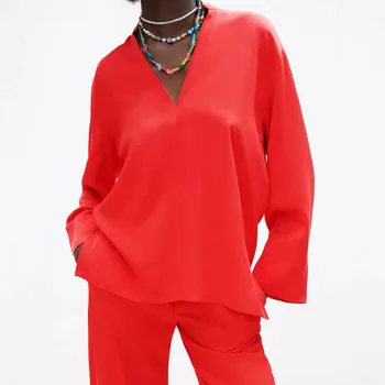 Za Ženy 2021 červená tvaru Split dizajn Prikryť tričko Fashion Voľné Vintage Dlhý Rukáv Ženské Košele Elegantné Topy