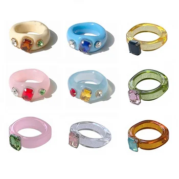 Nové Farebné Crystal Prst Krúžky Transparentné Živice, Akrylové Geometrické Námestie Kolo Krúžky, Sada pre Ženy, Dievča, Šperky Cestovné Dary