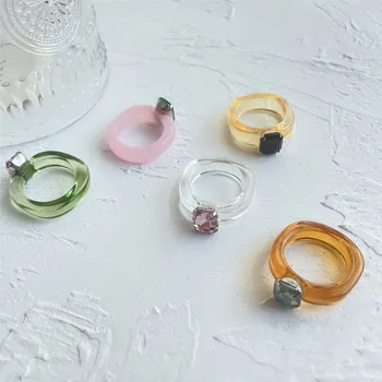 Nové Farebné Crystal Prst Krúžky Transparentné Živice, Akrylové Geometrické Námestie Kolo Krúžky, Sada pre Ženy, Dievča, Šperky Cestovné Dary