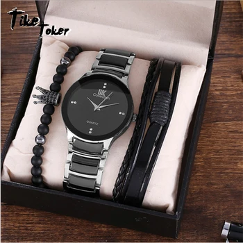 Tike Toker pánskej módy trend business elegantné Britský štýl oceľový pás quartz hodinky a Náramok Nastaviť
